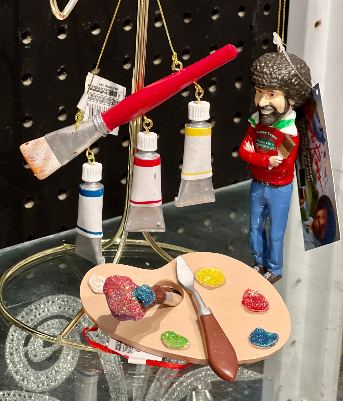 Bob Ross Ornament, paint pallet ornament and paint brushes