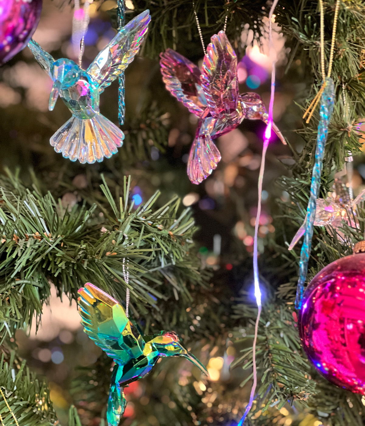 Hummingbird Ornaments on a tree